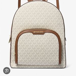 Michael Kors Cream and Brown Logo Backpack